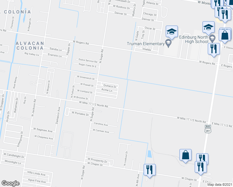 map of restaurants, bars, coffee shops, grocery stores, and more near 1316 Acme Lane in Edinburg
