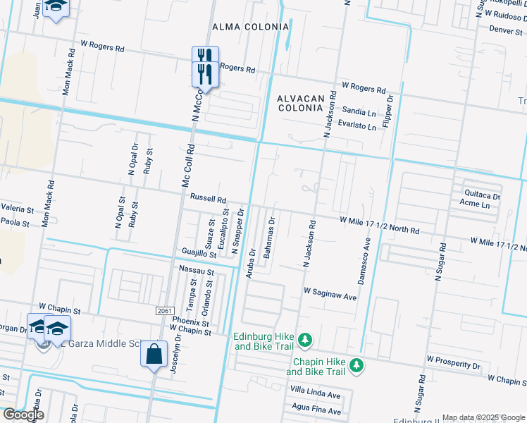 map of restaurants, bars, coffee shops, grocery stores, and more near 2118 Aruba Drive in Edinburg