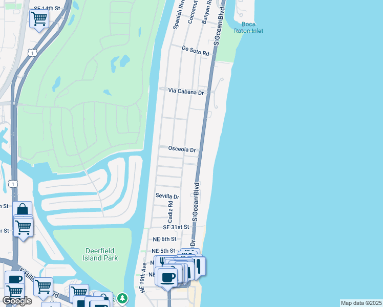 map of restaurants, bars, coffee shops, grocery stores, and more near 930 Osceola Drive in Boca Raton