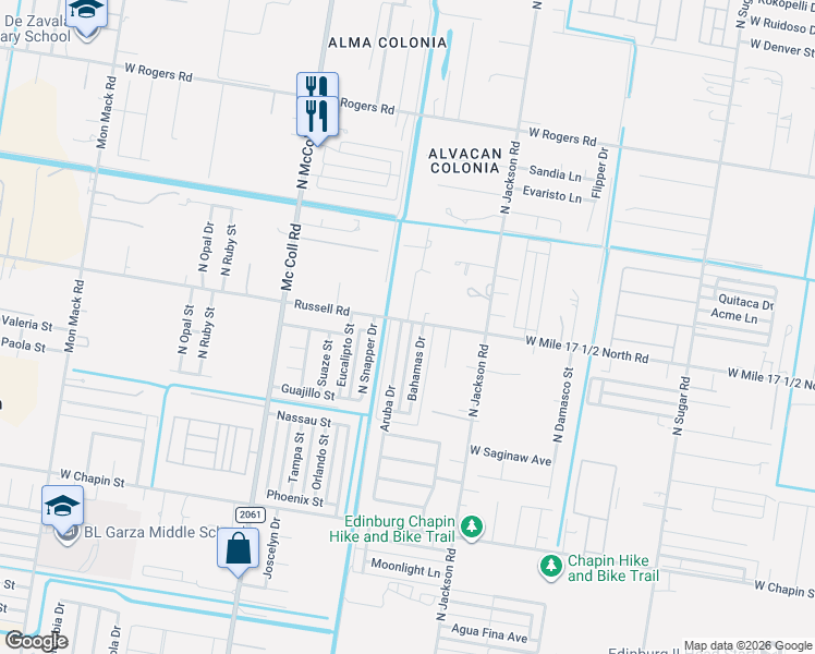 map of restaurants, bars, coffee shops, grocery stores, and more near 2118 Aruba Drive in Edinburg