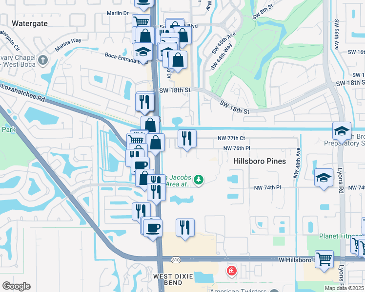 map of restaurants, bars, coffee shops, grocery stores, and more near 5531 Northwest 76th Place in Pompano Beach
