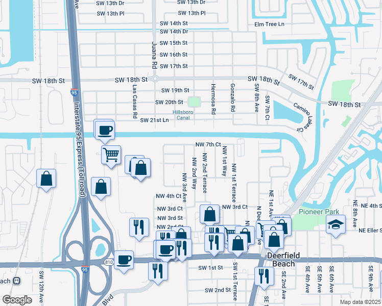 map of restaurants, bars, coffee shops, grocery stores, and more near 673 Northwest 2nd Way in Deerfield Beach