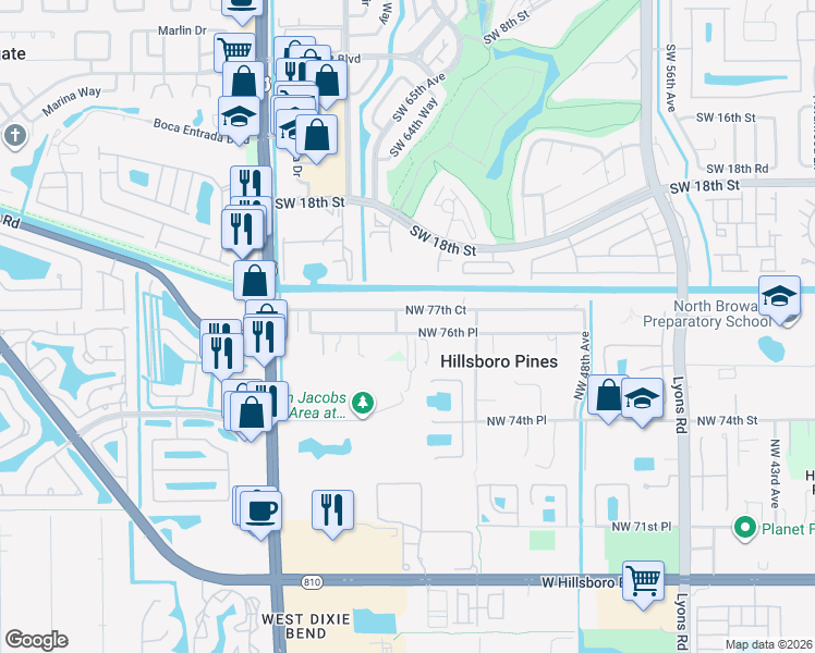 map of restaurants, bars, coffee shops, grocery stores, and more near 5311 Northwest 76th Place in Pompano Beach