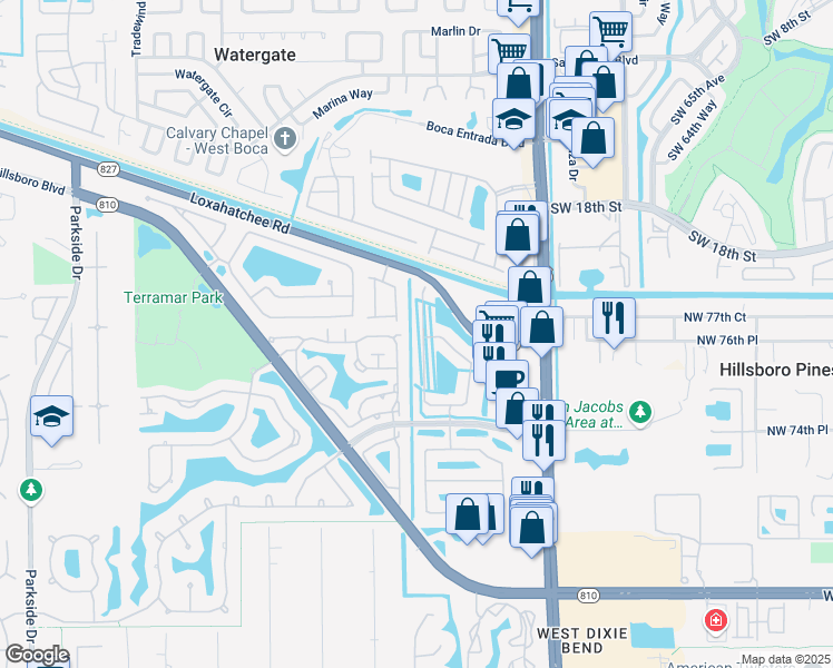 map of restaurants, bars, coffee shops, grocery stores, and more near 7743 Northwest 60th Lane in Parkland