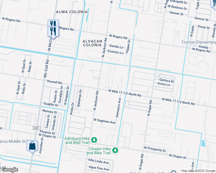 map of restaurants, bars, coffee shops, grocery stores, and more near 1 Mojave Street in Edinburg
