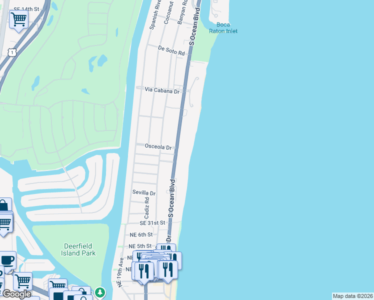 map of restaurants, bars, coffee shops, grocery stores, and more near 2500 South Ocean Boulevard in Boca Raton