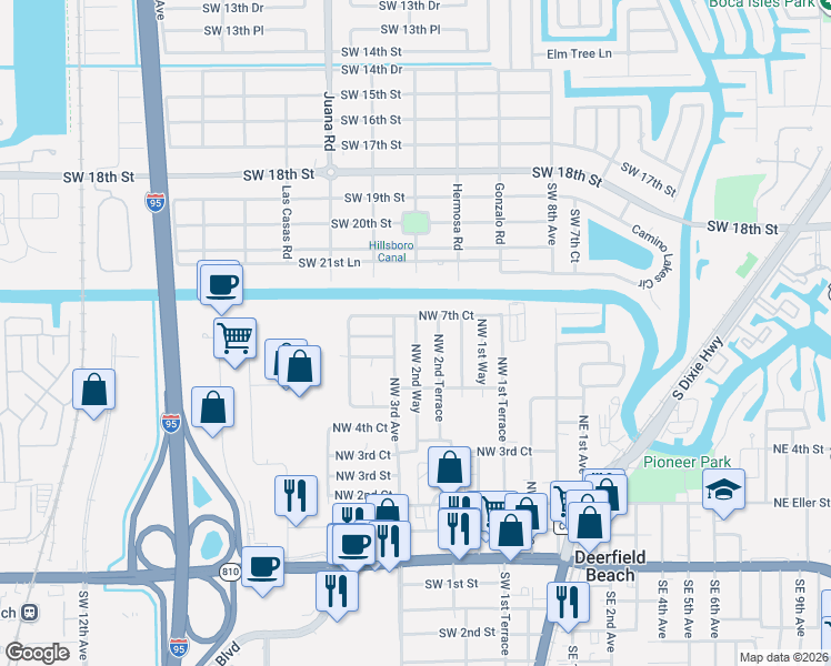 map of restaurants, bars, coffee shops, grocery stores, and more near 673 Northwest 2nd Way in Deerfield Beach