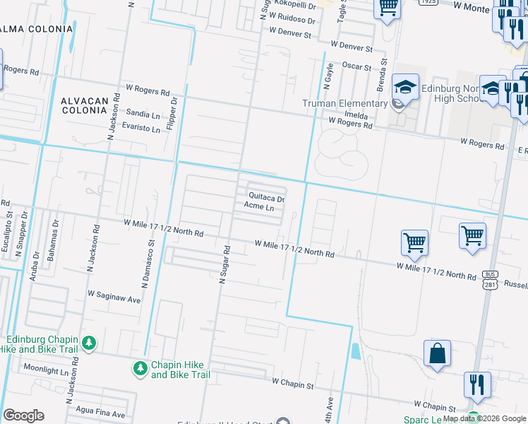 map of restaurants, bars, coffee shops, grocery stores, and more near 1316 Acme Lane in Edinburg