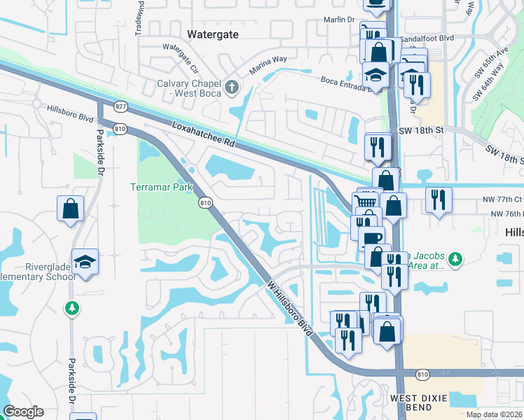 map of restaurants, bars, coffee shops, grocery stores, and more near 7730 Northwest 63rd Way in Parkland