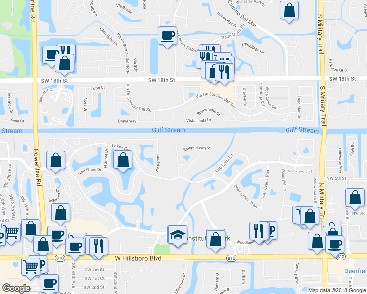 map of restaurants, bars, coffee shops, grocery stores, and more near 2683 Emerald Way North in Deerfield Beach