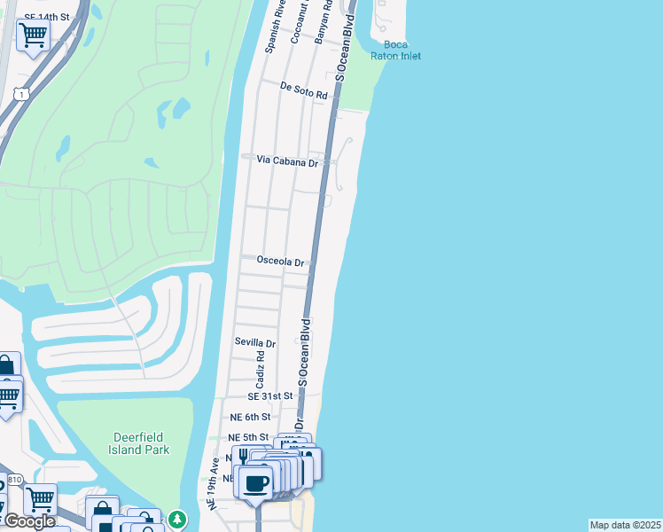 map of restaurants, bars, coffee shops, grocery stores, and more near 2500 South Ocean Boulevard in Boca Raton