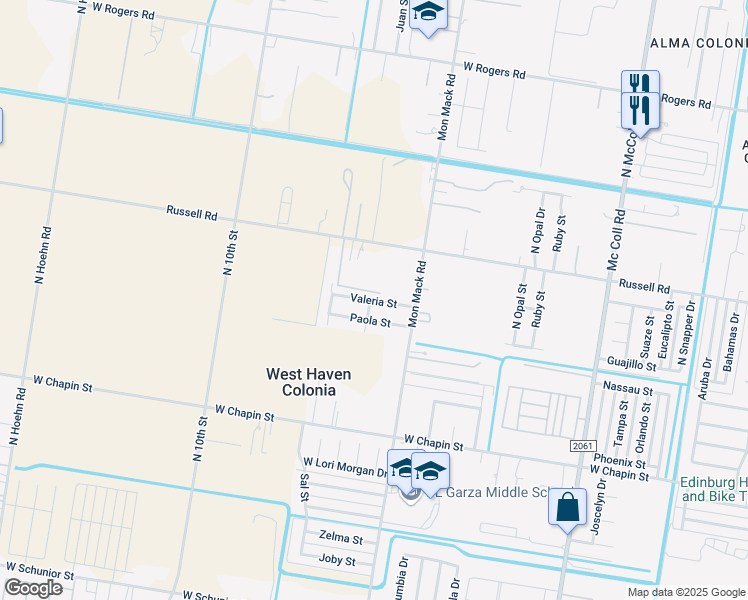 map of restaurants, bars, coffee shops, grocery stores, and more near 3716 Valeria Street in Edinburg