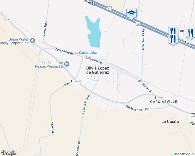 map of restaurants, bars, coffee shops, grocery stores, and more near 64 Casita Cemetery Road in Rio Grande City