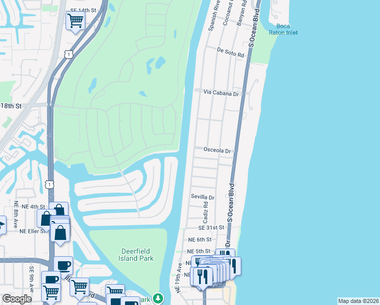 map of restaurants, bars, coffee shops, grocery stores, and more near 2551 Spanish River Road in Boca Raton
