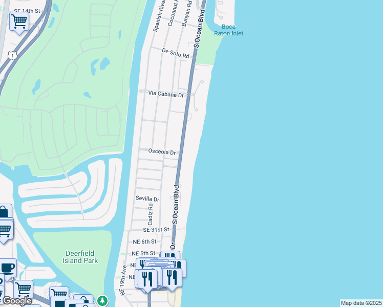 map of restaurants, bars, coffee shops, grocery stores, and more near 2500 South Ocean Boulevard in Boca Raton