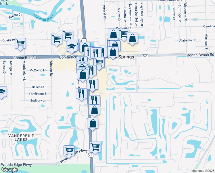 map of restaurants, bars, coffee shops, grocery stores, and more near 9748 Treasure Cay Lane in Bonita Springs