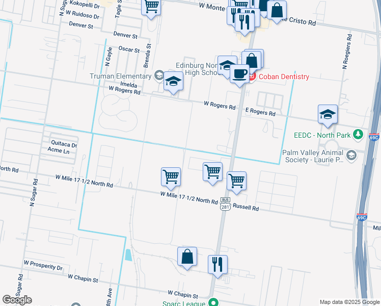 map of restaurants, bars, coffee shops, grocery stores, and more near 2921 North Closner Boulevard in Edinburg