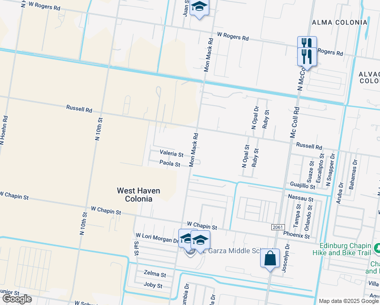 map of restaurants, bars, coffee shops, grocery stores, and more near 3601 Valeria Street in Edinburg
