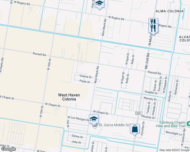 map of restaurants, bars, coffee shops, grocery stores, and more near 3601 Valeria Street in Edinburg