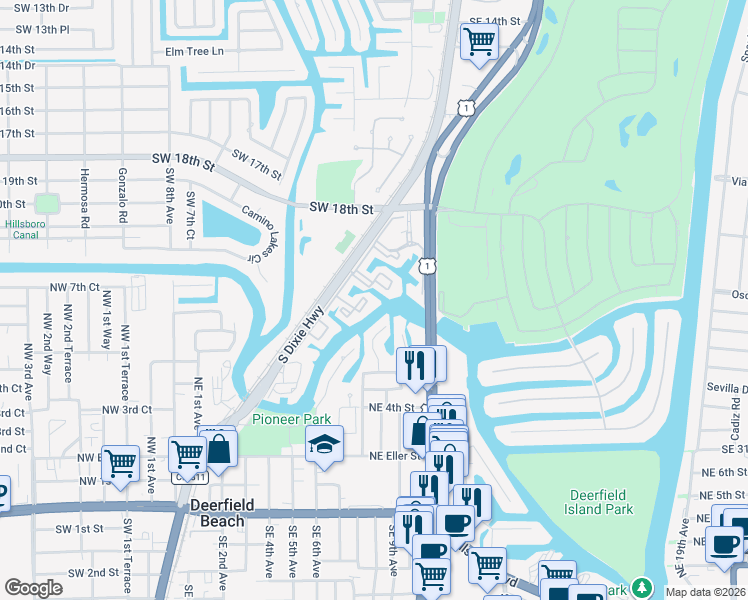 map of restaurants, bars, coffee shops, grocery stores, and more near 549 Northeast 8th Avenue in Deerfield Beach