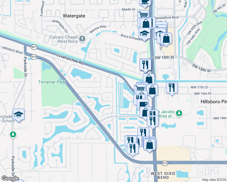 map of restaurants, bars, coffee shops, grocery stores, and more near 6135 Northwest 77th Place in Parkland