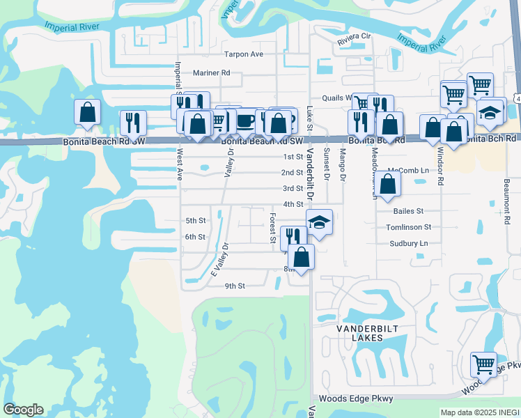 map of restaurants, bars, coffee shops, grocery stores, and more near 27 Maurys Way in Bonita Springs