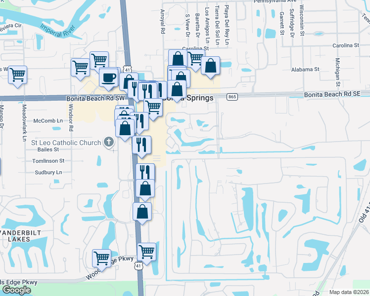 map of restaurants, bars, coffee shops, grocery stores, and more near 9101 Las Maderas Drive in Bonita Springs