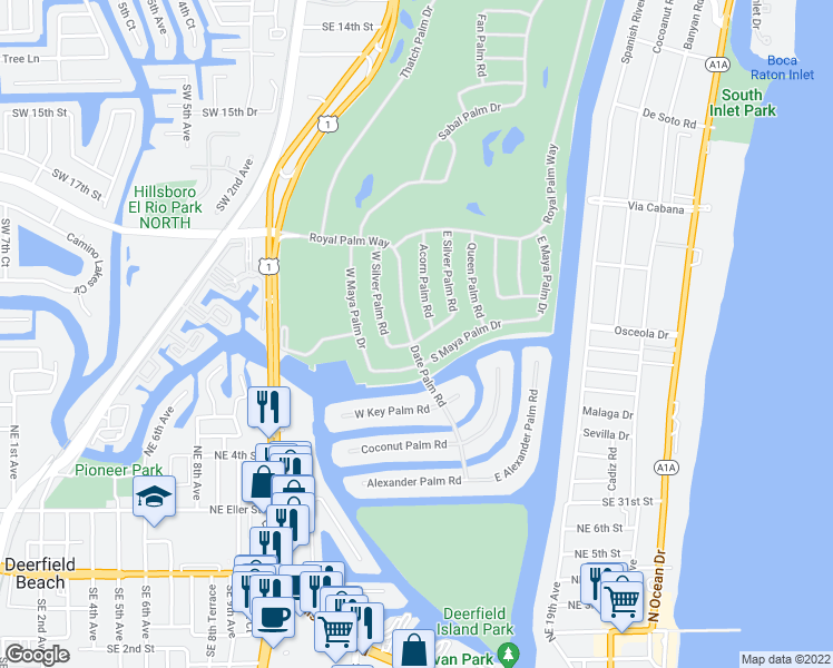 map of restaurants, bars, coffee shops, grocery stores, and more near 291 South Silver Palm Road in Boca Raton