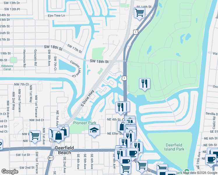 map of restaurants, bars, coffee shops, grocery stores, and more near 549 Northeast 8th Avenue in Deerfield Beach