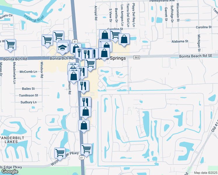 map of restaurants, bars, coffee shops, grocery stores, and more near 9101 Las Maderas Drive in Bonita Springs
