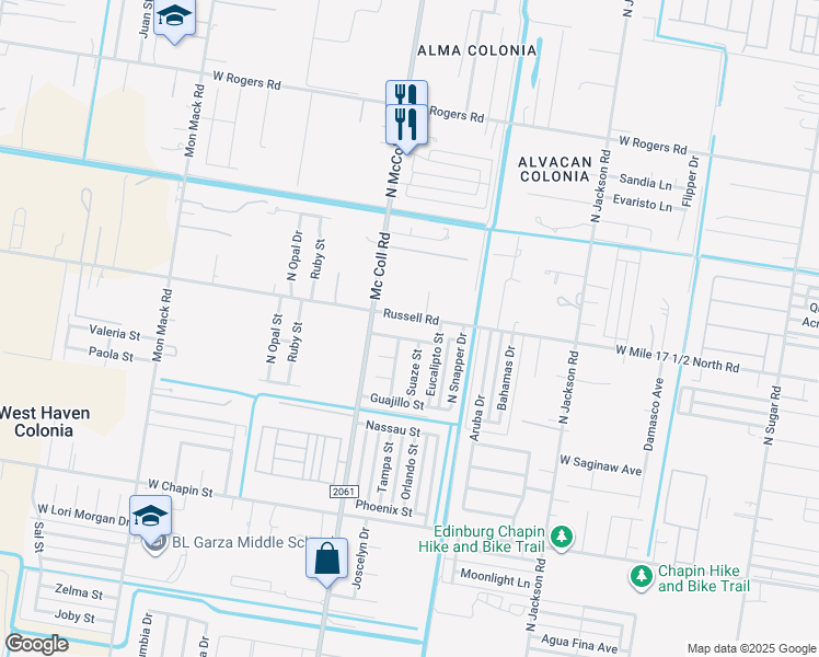 map of restaurants, bars, coffee shops, grocery stores, and more near 2611 Fran Boyllan Street in Edinburg