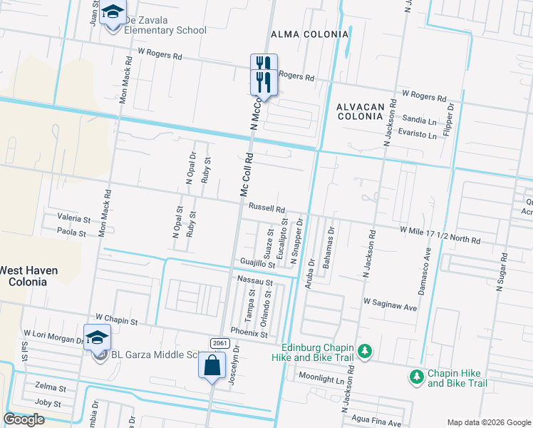 map of restaurants, bars, coffee shops, grocery stores, and more near 2611 Fran Boyllan Street in Edinburg