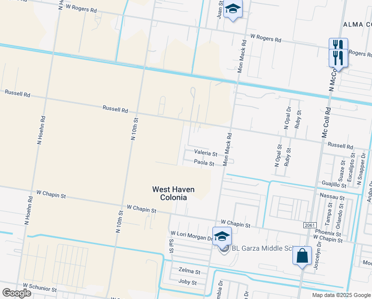 map of restaurants, bars, coffee shops, grocery stores, and more near Valeria Street in Hidalgo County