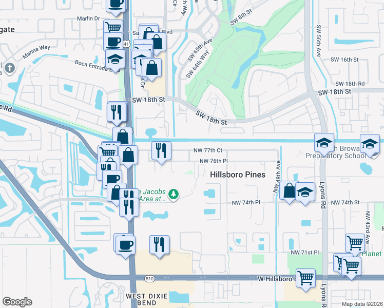 map of restaurants, bars, coffee shops, grocery stores, and more near 5311 Northwest 76th Place in Pompano Beach