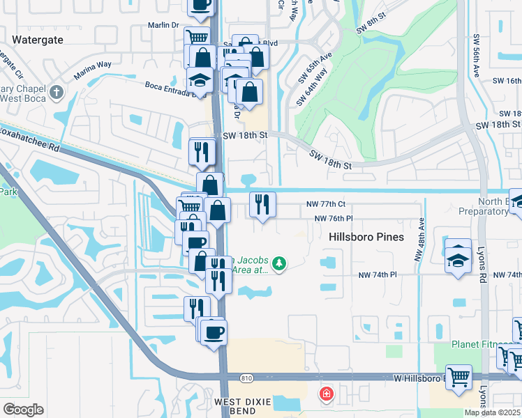 map of restaurants, bars, coffee shops, grocery stores, and more near 5531 Northwest 76th Place in Pompano Beach