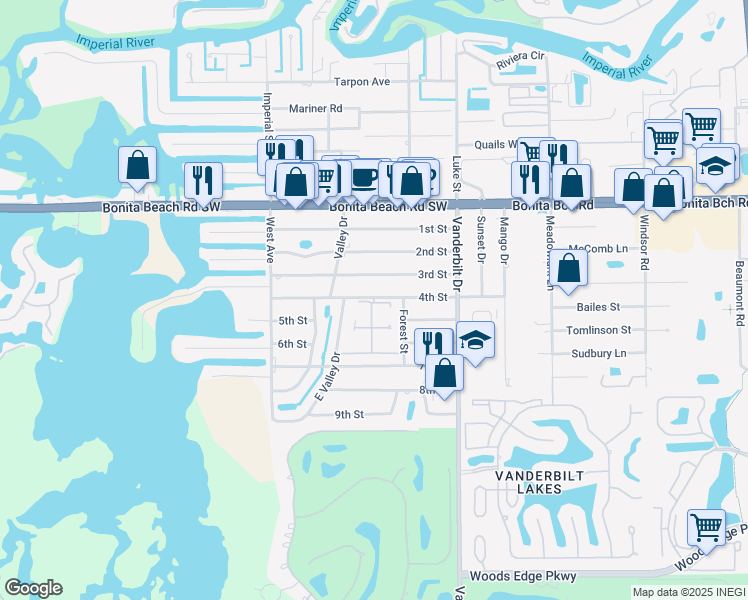 map of restaurants, bars, coffee shops, grocery stores, and more near 27 Maurys Way in Bonita Springs