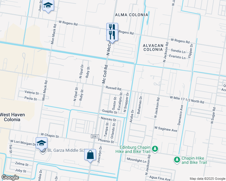 map of restaurants, bars, coffee shops, grocery stores, and more near 2611 Fran Boyllan Street in Edinburg