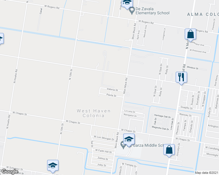 map of restaurants, bars, coffee shops, grocery stores, and more near 3716 Valeria Street in Edinburg