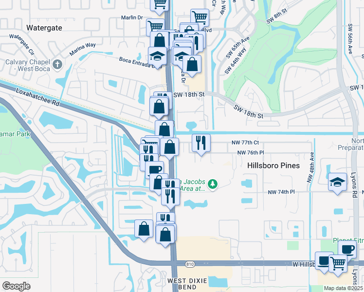 map of restaurants, bars, coffee shops, grocery stores, and more near 7660 Northwest 56th Way in Pompano Beach