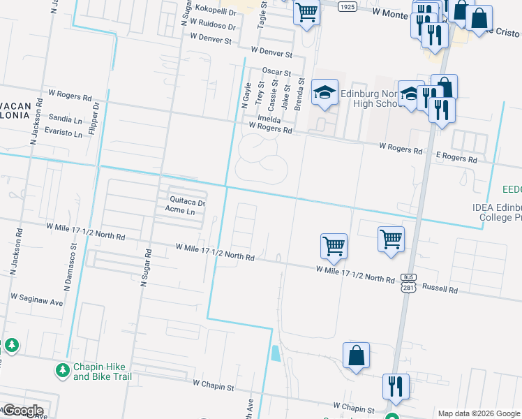 map of restaurants, bars, coffee shops, grocery stores, and more near 905 West Mile 17 1/2 North Road in Edinburg