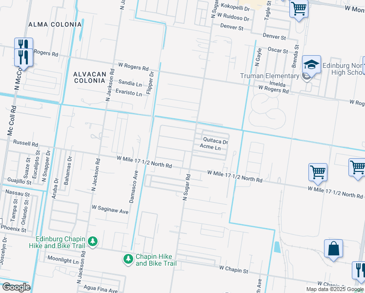map of restaurants, bars, coffee shops, grocery stores, and more near 1613 West Cortland Street in Edinburg