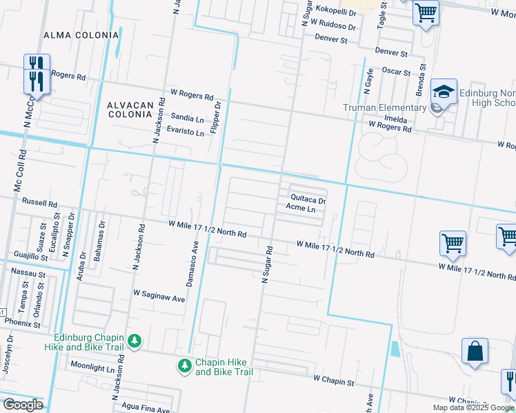 map of restaurants, bars, coffee shops, grocery stores, and more near 1613 West Cortlandt Street in Edinburg