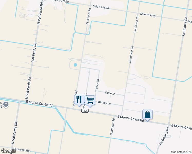 map of restaurants, bars, coffee shops, grocery stores, and more near 21335 Chance Lane in Edinburg