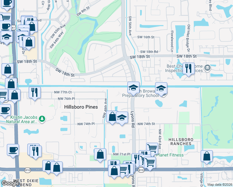 map of restaurants, bars, coffee shops, grocery stores, and more near 7700 Northwest 48th Avenue in Coconut Creek