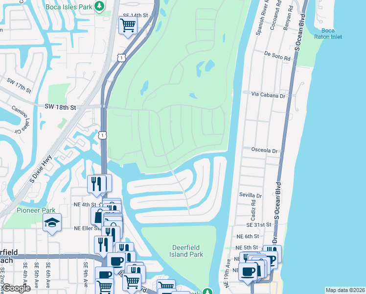 map of restaurants, bars, coffee shops, grocery stores, and more near 356 South Maya Palm Drive in Boca Raton