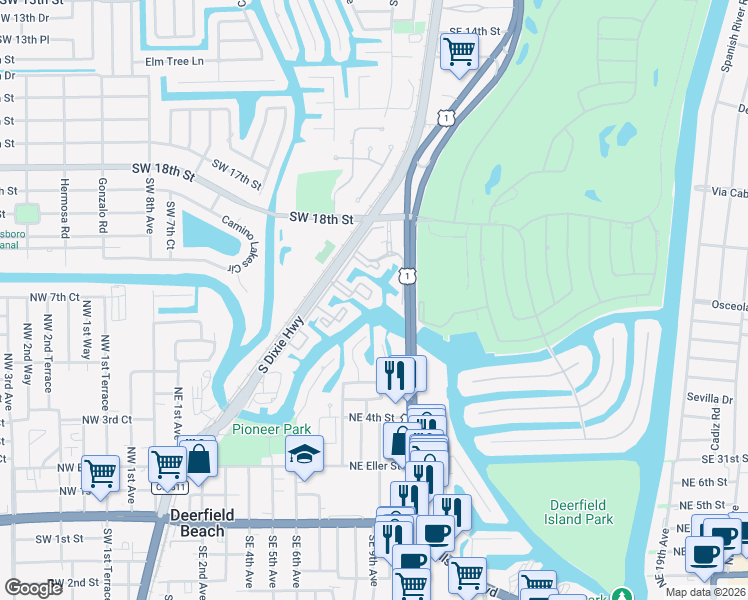 map of restaurants, bars, coffee shops, grocery stores, and more near 549 Northeast 8th Avenue in Deerfield Beach
