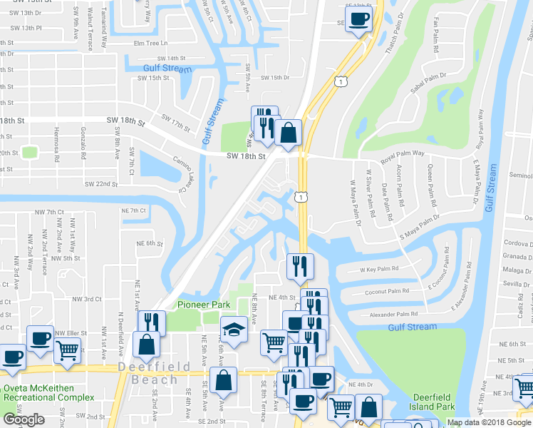 map of restaurants, bars, coffee shops, grocery stores, and more near 549 Northeast 8th Avenue in Deerfield Beach