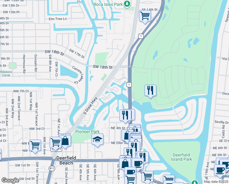 map of restaurants, bars, coffee shops, grocery stores, and more near 549 Northeast 8th Avenue in Deerfield Beach
