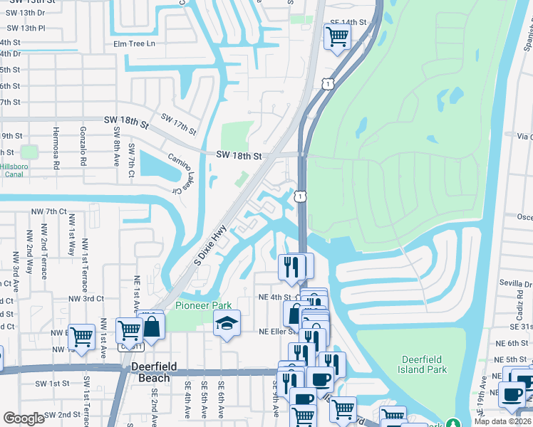 map of restaurants, bars, coffee shops, grocery stores, and more near 549 Northeast 8th Avenue in Deerfield Beach