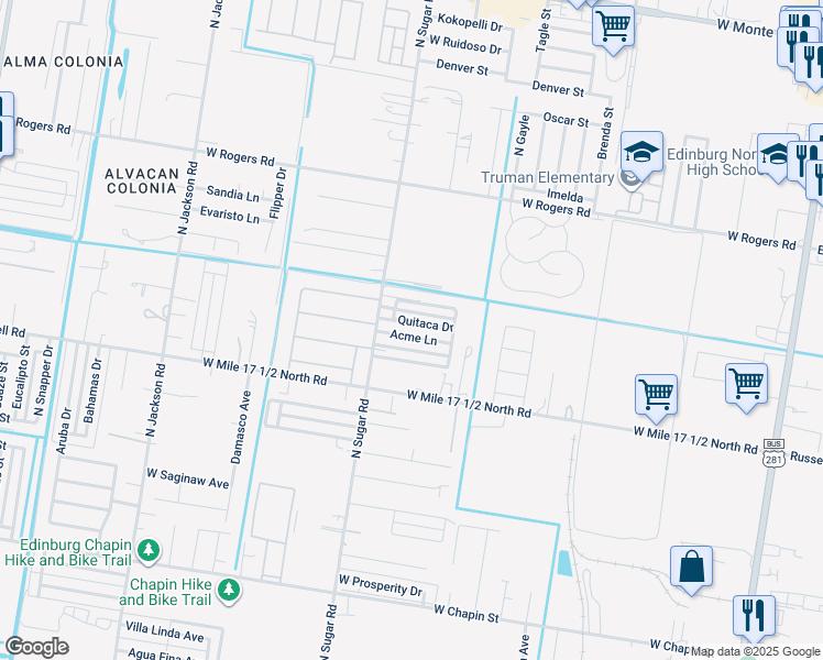 map of restaurants, bars, coffee shops, grocery stores, and more near 1425 Acme Lane in Edinburg